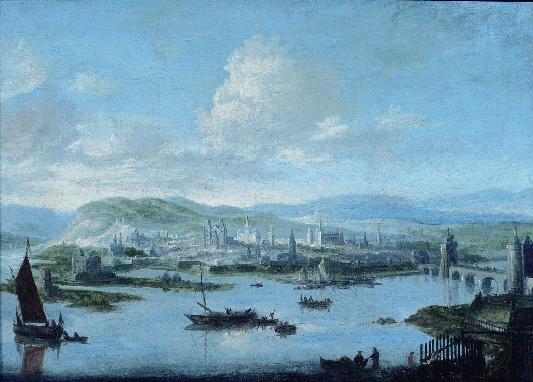 Niederl. Gemälde Trier © Stadtmuseum Simeonstift Gemälde zeigt Mosel mit Schiffen und Stadt Trier im Hintergrund