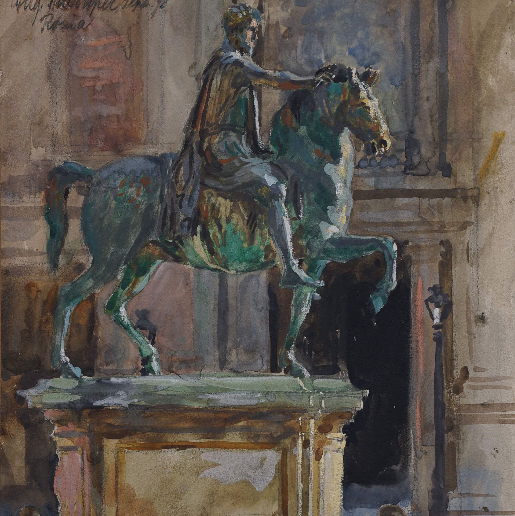 August Trümper (1874–1956): Das Reiterstandbild des Marc Aurel, 1898, © Stadtmuseum Simeonstift Trier Gemälde einer Reiterstatue