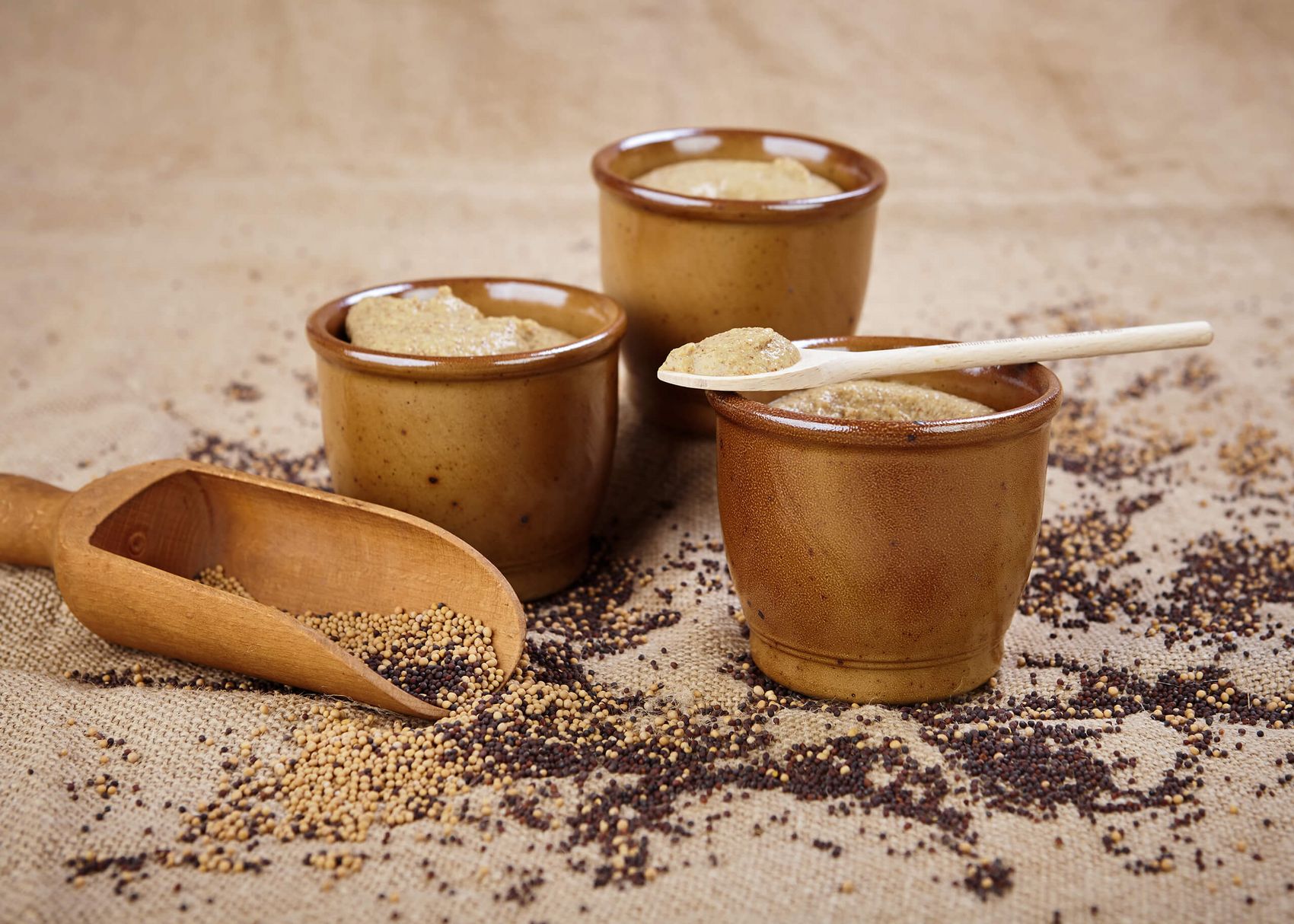 Cochem, Senf der Historischen Senfmühle © Nieder Gerolstein Drei kleine Töpfchen mit Senf in brauner Keramik, Senfkörner und Löffel