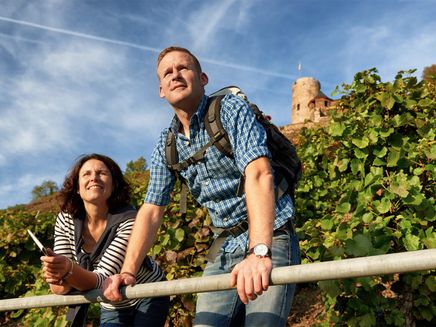 Alken, Wandern rund um Burg Thurant © Mosellandtouristik GmbH / Christopher Arnoldi Wanderer vor Burg- und Weinbergskulisse blicken in die Ferne