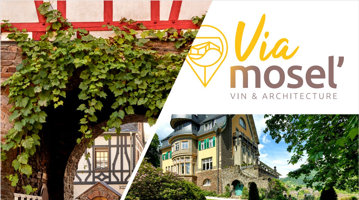 Via` mosel © Christopher Arnoldi, Terroir Moselle Collage with the via` mosel logo and on two wineries.