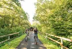 Ruwer-Hochwald-Radweg © D. Ketz / MLT GmbH Zwei Radfahrer auf von grünen Bäumen gesäumtem Radweg